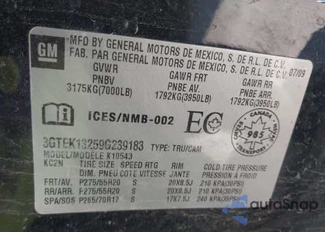 2009 GMC Sierra 1500 Slt z USA, uszkodzony, nr VIN 3GTEK13259G239183